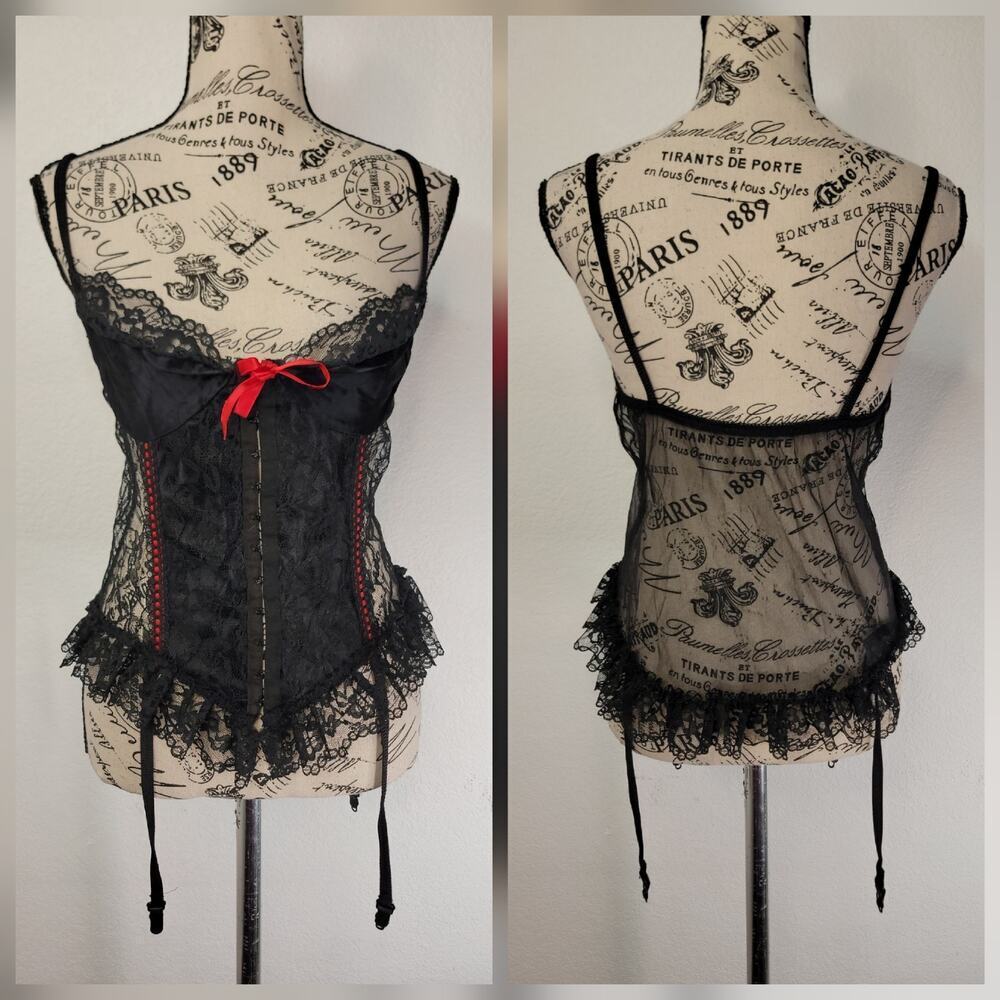 Vintage Nan Flower Fairy Top Sz M Sheer Lace Black Garters Whimsygoth Coquette